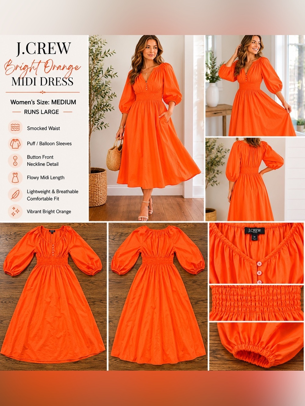 J.Crew Bright Orange Midi Dress Spring Wedding Guest Boho (Medium Runs Large)